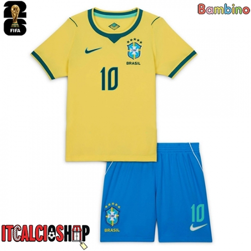 Brasile Vinicius Junior #10 Prima Maglia Bambino Mondiali 2026 Manica Corta (+ Pantaloni corti)